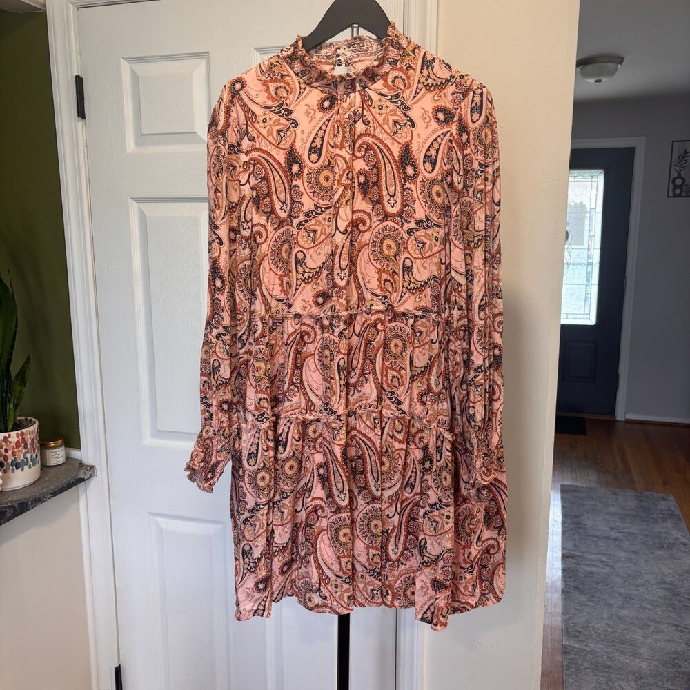 Anthropologie Cady Mock Neck Dress Puff Sleeves Paisley Peach Boho Size Plus 1X - Picture 3 of 10
